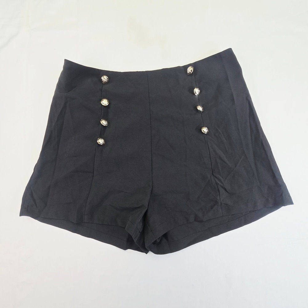 New Women's Sailor High Waist Shorts Large Black Silver Button Nautical